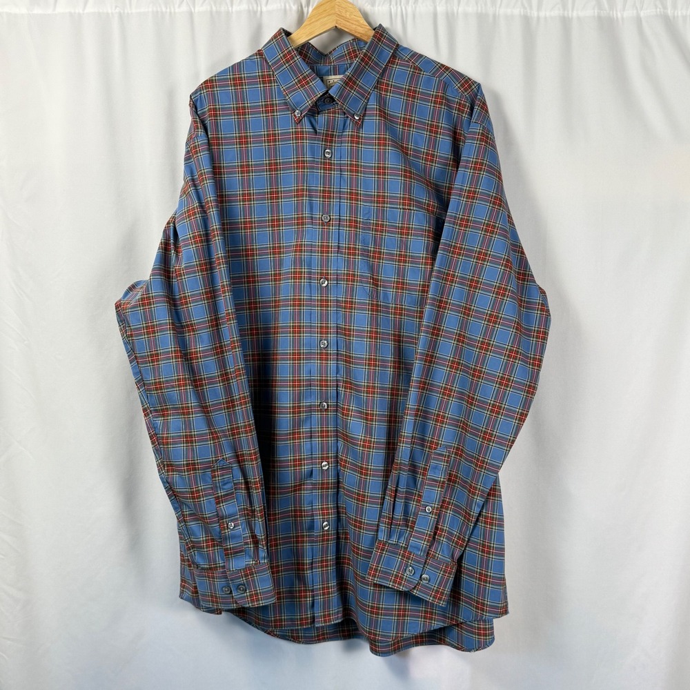 LL Bean Traditional Fit Wrinkle Free Mini Tartan Shirt‎ Navy Stewart Mens XLT